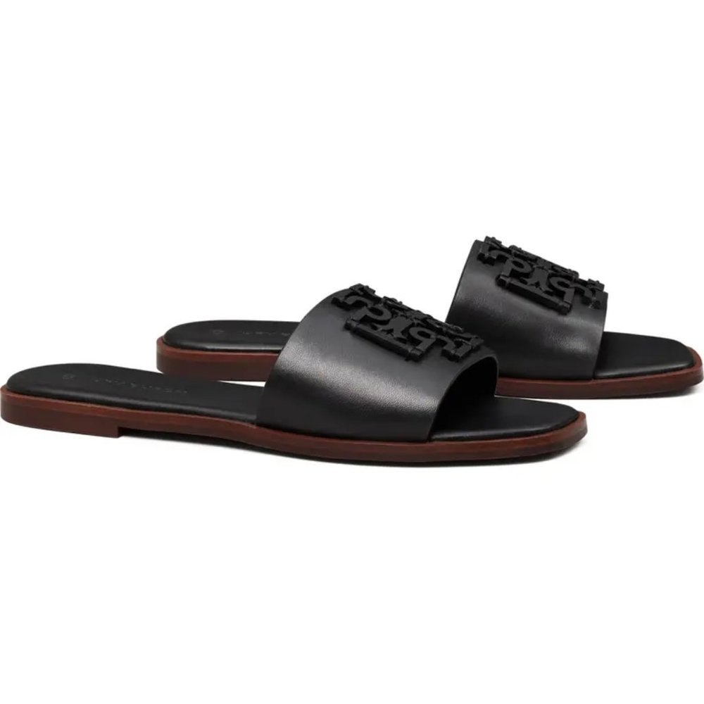 ❤️ NIB Tory Burch Ines Logo Slide Leather Sandal BLACK US 6.5 7.5 8.5 9 9.5 10 - Picture 1 of 14